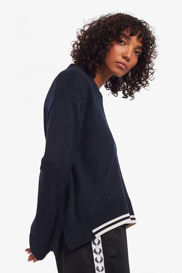 Navy Fred Perry Split Hem Cable Knit Jumper Women's Knitwear | PH 1933YXFU